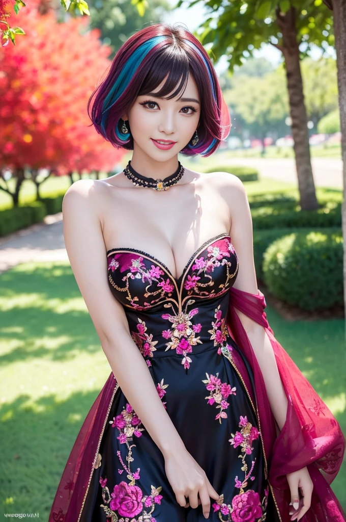(masterpiece:1.4), (best quality:1.4), ultra high res, ultra high resolution, ((detailed facial features)), HDR, (realistic, photorealistic, photo-realistic:1.37), full body Esbian, sexy Vietnamese model, (-anime), vivid colors, ((vivid colors multicolor (red, fuchsia) very short hair)), (happy smile), lip-gloss, long lashes, ultra detailed metallic makeup, defined eyebrows, wearing large sparkling colorful jewelery, wearing a red silk Paradise Kiss cosplay dress with black floral embroidery, ((vivid colors outfit)), vivid colors, look at the camera, cinematic light, large park background with trees, sweet and sexy pose
