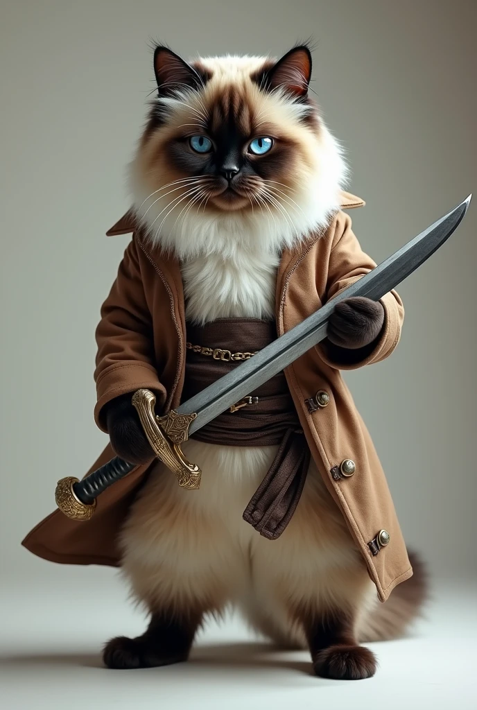 Realistic realistic Himalayan cat wearing pirate clothes holding a sword, looking forward like humans, realistic, real, high resolution details, full picture like real