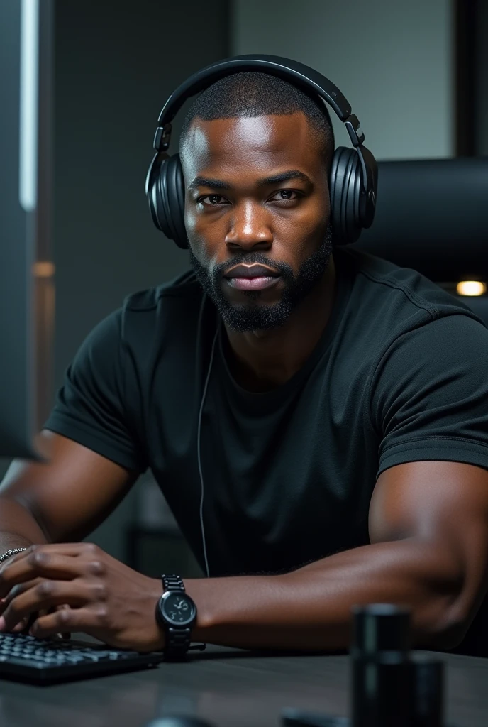 Create black character, masculine, with headphones looking at the camera and sitting at the computer desk