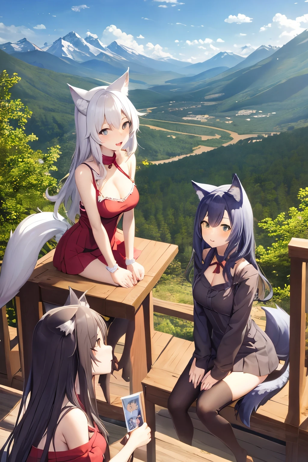 group of cat girls, mountain village, cute, 4 girls, wolf girl, fox girl