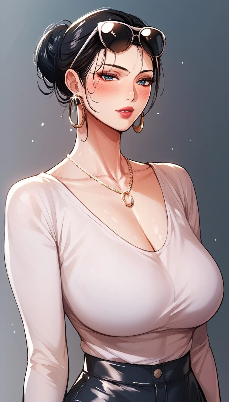 Hot sexy beautiful milf mom , hoops earrings,black hair,long slick back hair,blush,blue eyes, necklace ,one hair bun, lipstick,  a light purple turtleneck, dark, fuchsia-colored shorts,black sunglasses on head 