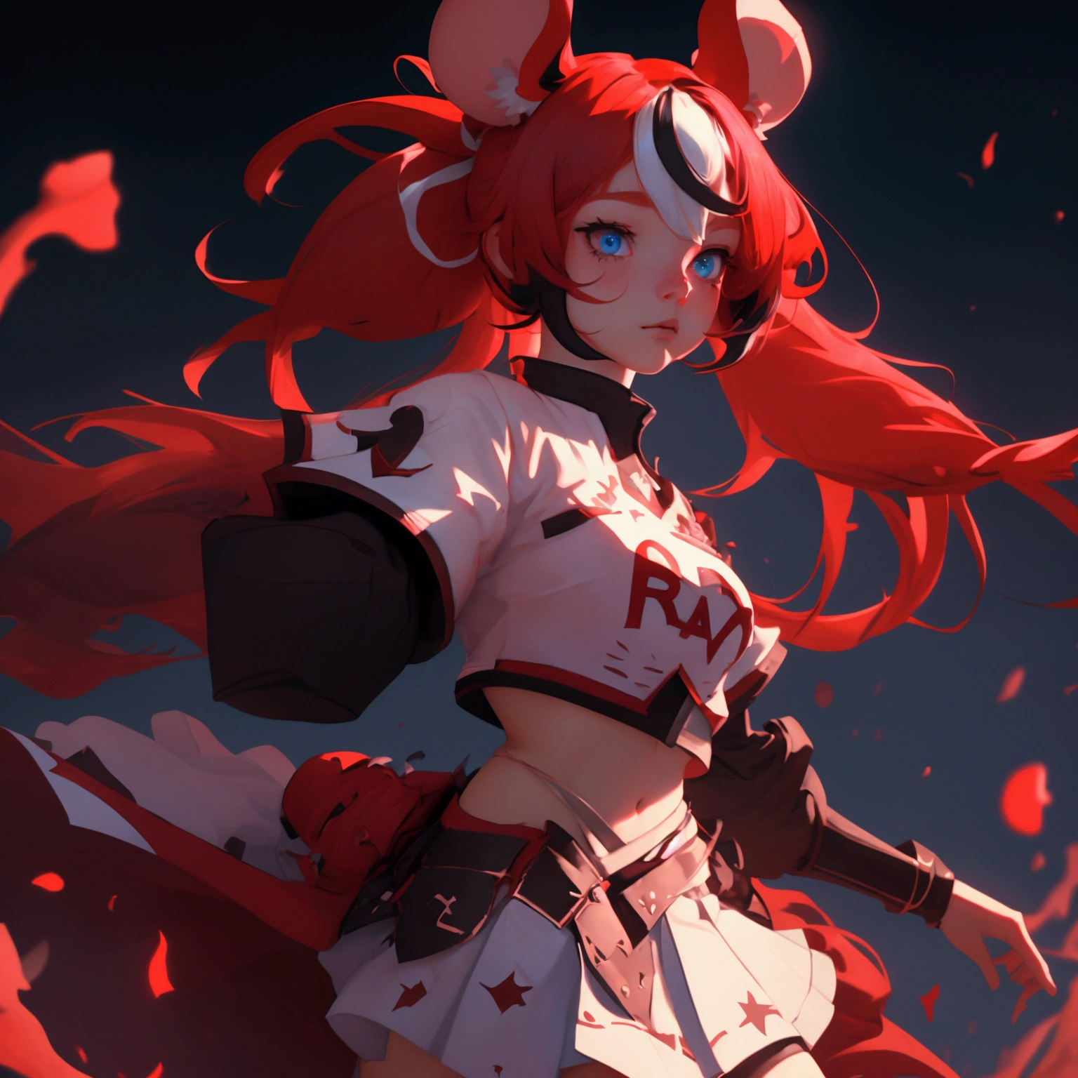 envision a 8k, highres, cinematic, close up beautiful portrait of an evil small Chaos girl named Hakos Baelz with long red and white hair in pigtails, mouse ears, blue eyes, in a cropped white shirt with armor, and red skirt against a dark gray background