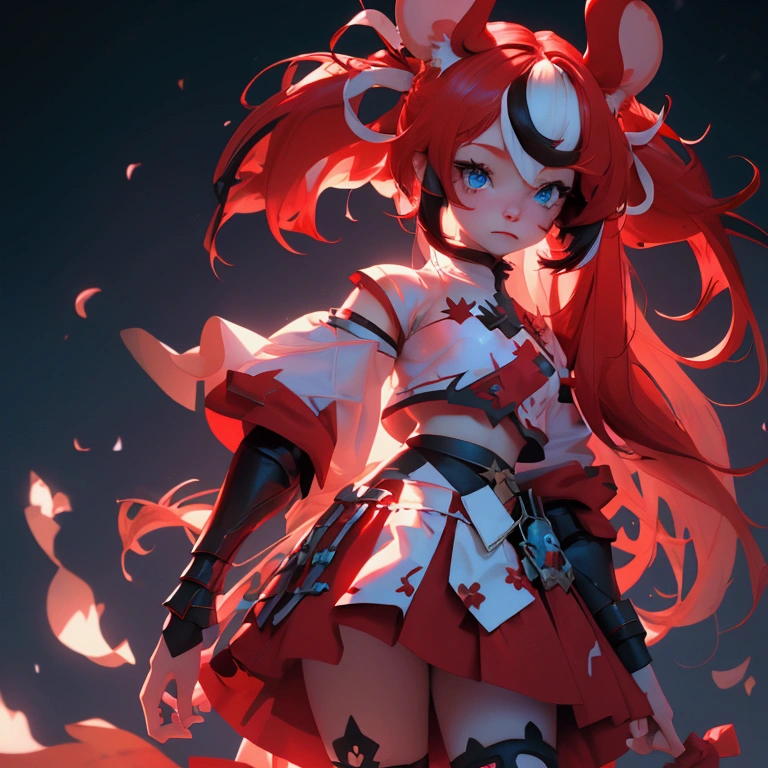 envision a 8k, highres, cinematic, close up beautiful portrait of an evil small Chaos girl named Hakos Baelz with long red and white hair in pigtails, mouse ears, blue eyes, in a cropped white shirt with armor, and red skirt against a dark gray background