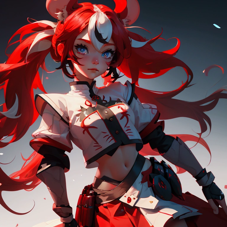 envision a 8k, highres, cinematic, close up beautiful portrait of an evil small Chaos girl named Hakos Baelz with long red and white hair in pigtails, mouse ears, blue eyes, in a cropped white shirt with armor, and red skirt against a dark gray background