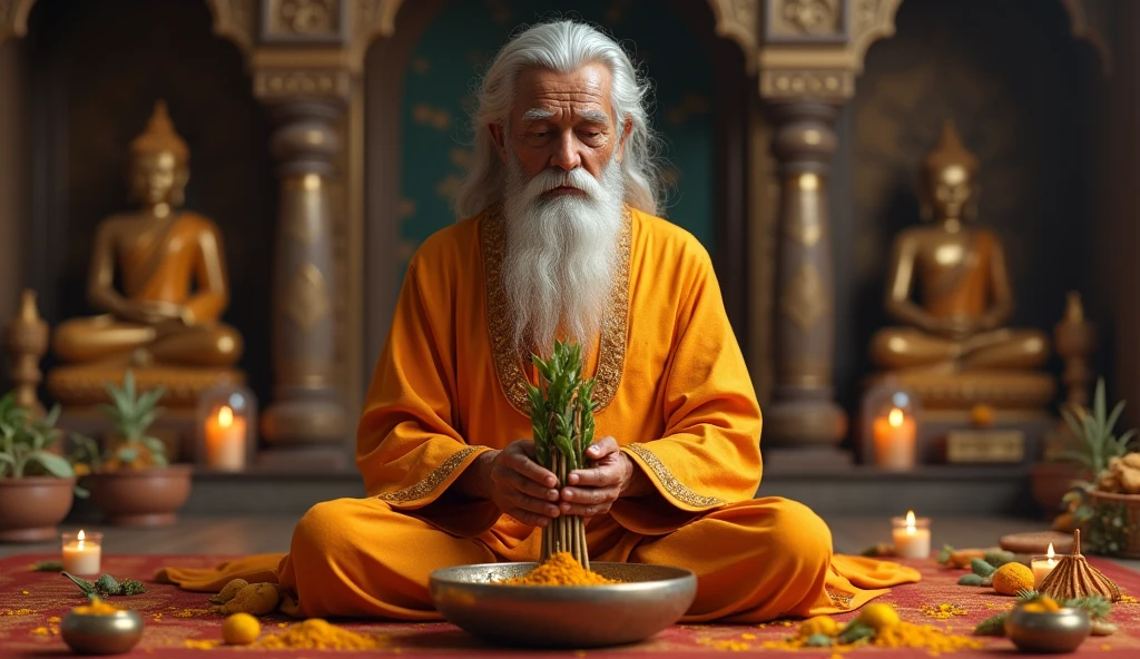 Create an ultra-realistic image of a traditional Indian faith healer, 60 years old dressed in exquisite clothes, handkerchief on the lap. She is performing a blessing ritual. The healer holds a bundle of herbs, like rue and basil, In your hands. His expression is serene and focused as he performs the ritual.. in the background candles, aromatic herbs, various buddhas and lots of turmeric