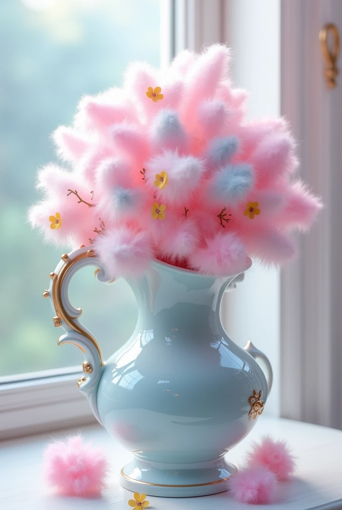 Create a vase with cotton candy as flowers

