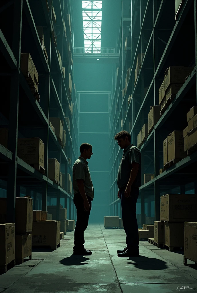 Two men working in a warehouse, a supervisor and a worker Draw it as if it were a psychological test