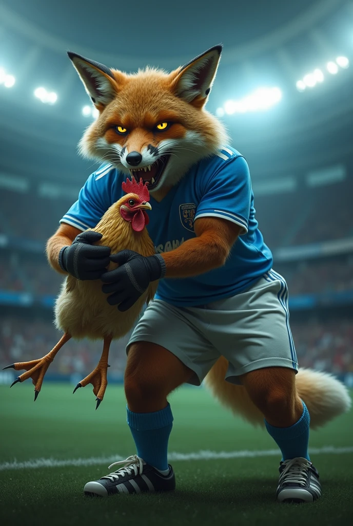 "A humanoid fox, possessed and extremely powerful, is dressed in a football uniform with a blue shirt and white shorts and socks. The fox, with an intensely angry expression, is holding a desperate chicken in its hands. The setting is a football stadium, depicted in a dark, eerie atmosphere with dramatic lighting and shadows, enhancing the horror theme. The image is in 9x16 ultra HD 4k format."