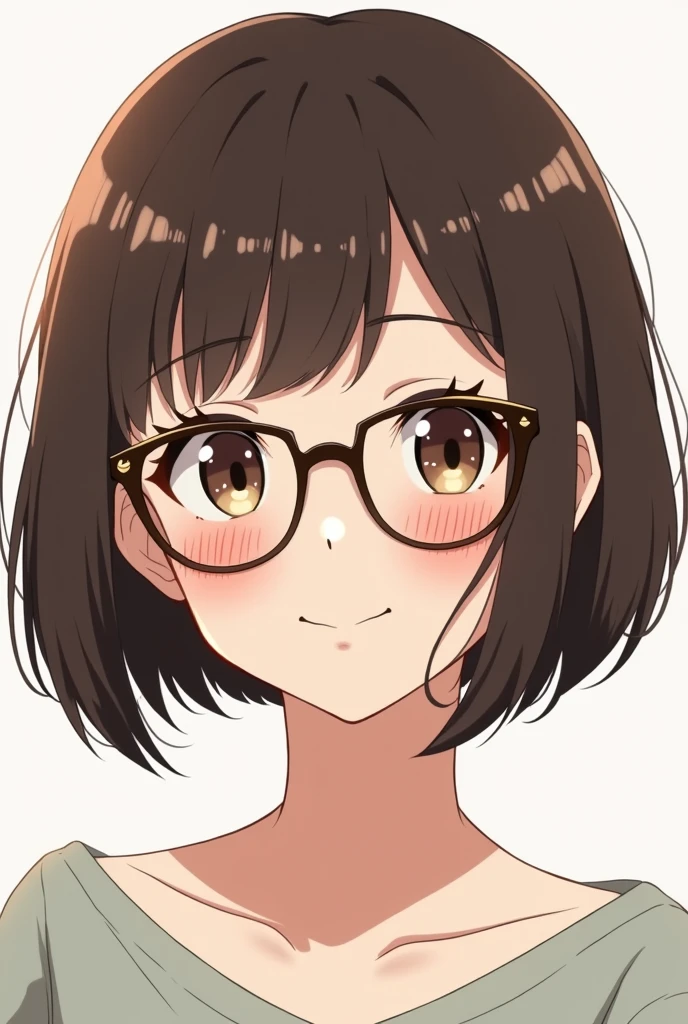 Anime style, a 3 white woman with dark brown hair cut in a bob with a middle parting and straight, she wears dark brown glasses with gold middle and arms. Son visage est ovale et elle une tâche de naissance ovale sur le haut de la joue gauche. Sds yeux sont marrons. Elle dégage de la bienveillance et de la gentillesse. Elle sourit
