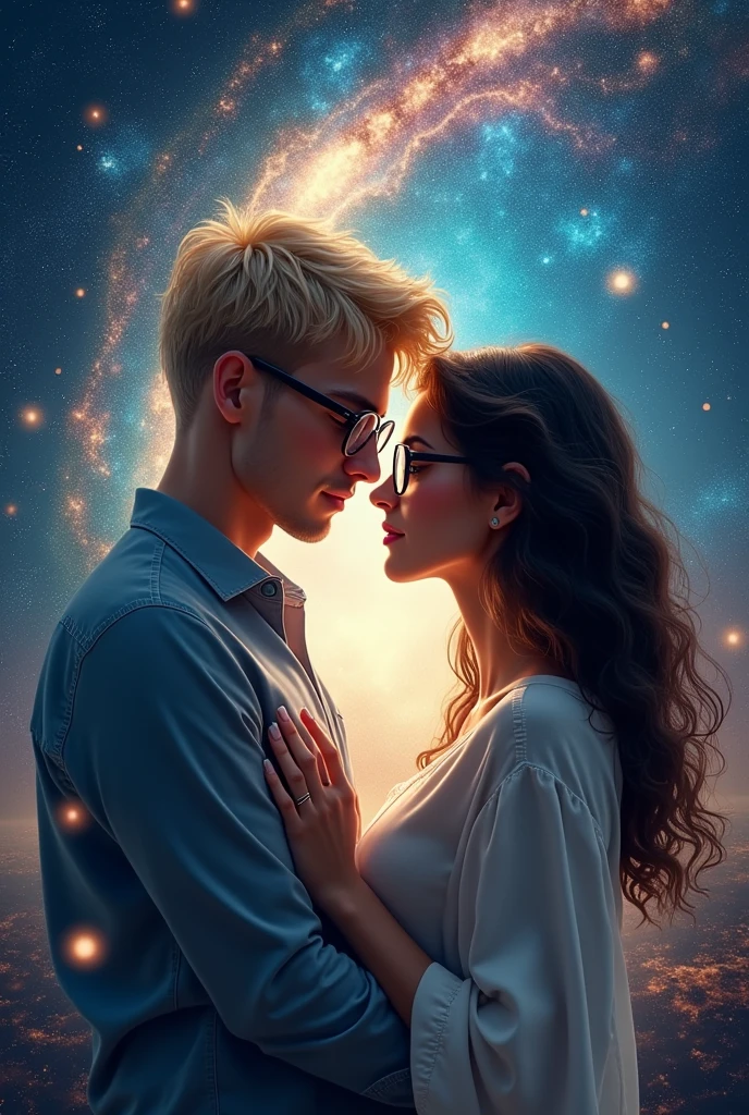 Romance book cover, with the name Flow of time in Portuguese Adult couple Blond boy,
girl has long black hair Both wear glasses Background with universe