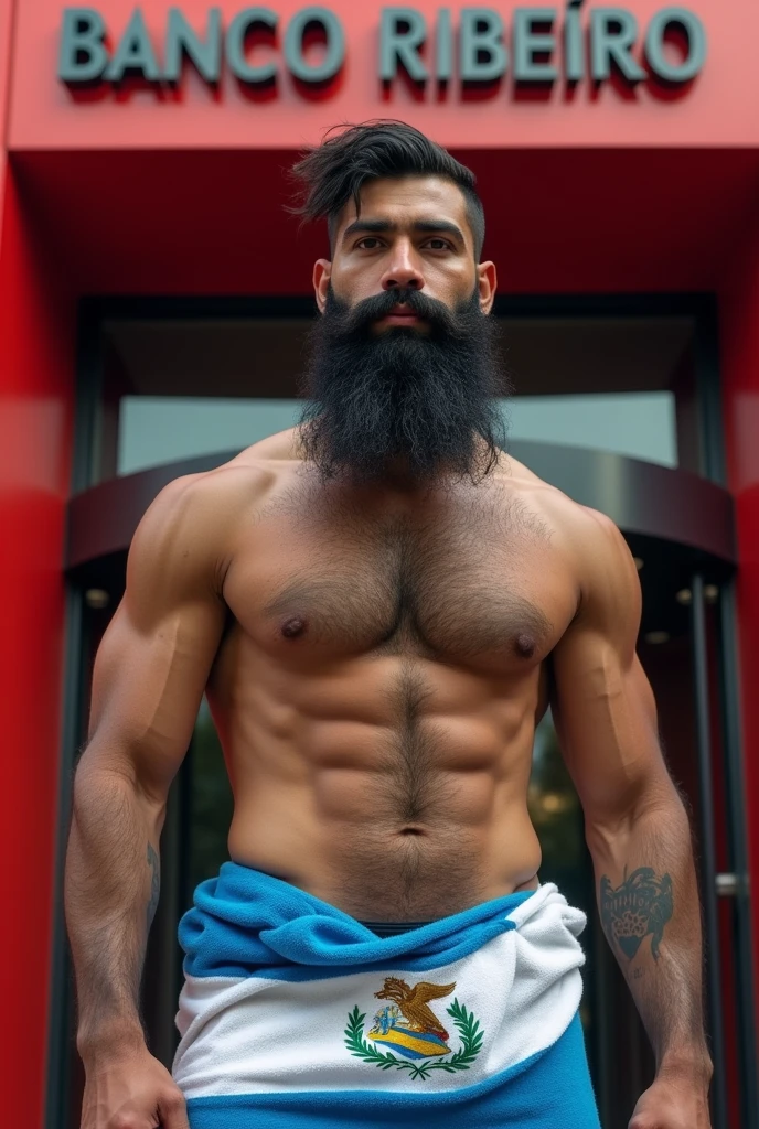 Strong, hairy, bearded young mixed race man, covered the hips with a bath towel with the Nicaraguan flag print, in front of a red and black bank branch with a sign written in capital letters “BANCO RIBEIRO”, on top of the revolving door.