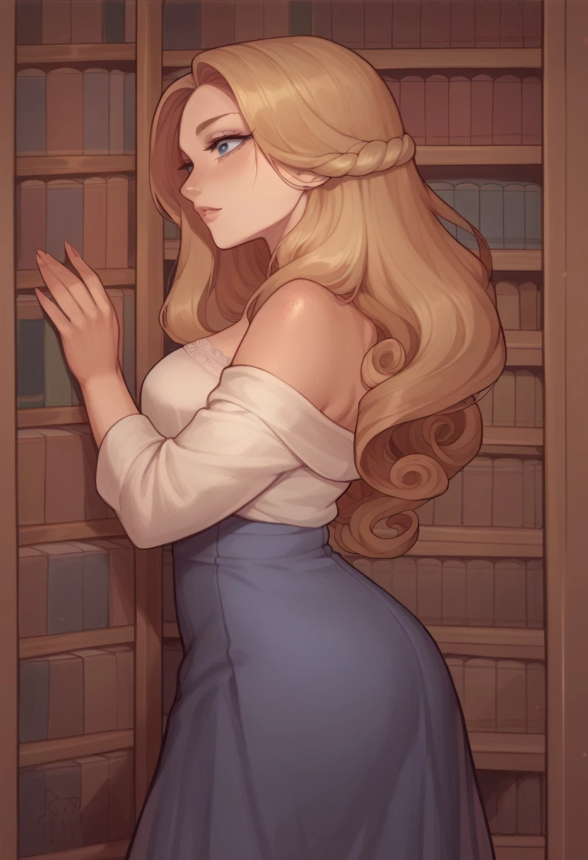 "A beautiful high school girl standing between bookshelves in the library, wearing a delicate blouse and a high-waisted skirt. Her long, flowing hair frames her face as she looks towards the camera with a gentle, thoughtful expression, conveying an aura of serenity and grace." visual novel character