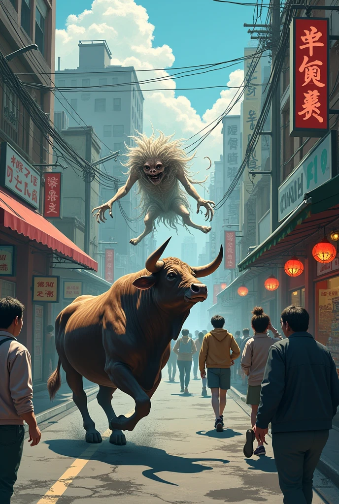 A Krasue ghost attacks people. A bull comes running to fight. A Pop ghost jumps from a noodle shop. People run away.
