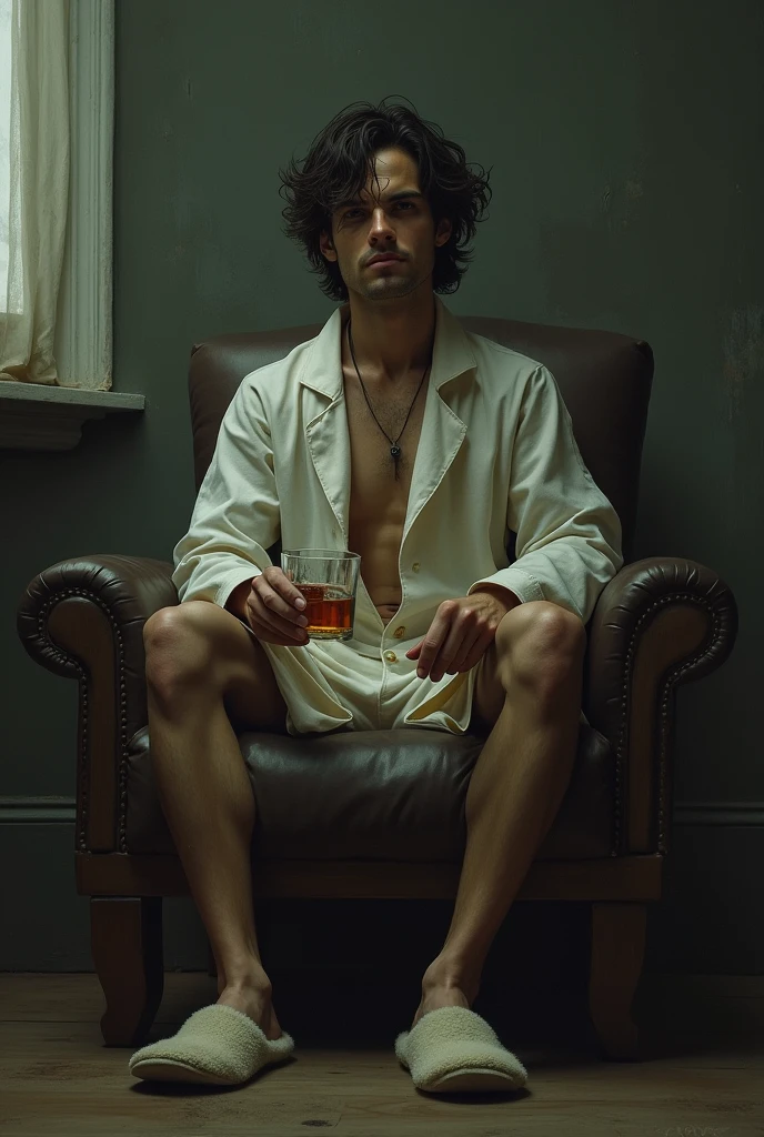 omen , Thin man, 30 years, dark brown hair, curly hair, chin length hair, Brown eyes, the corner of the eye is down, Hooked nose, face without hair, Face without beard, face without stubble. Dressed in a dressing gown and slippers. He is sitting in a chair with a glass of whiskey in his hands.. it's smiling. leg crossed over leg