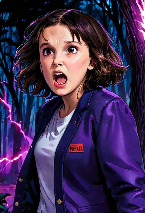 milli3 woman, millie bobby brown, angry expression, screaming, dark forest setting, purple jacket, netflix, stranger things