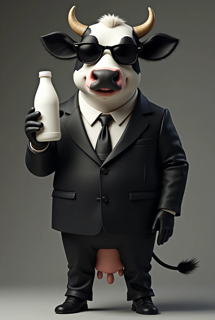 A black and white cow standing on 2 legs, with a smile , dressed in a black suit, with number negro, has no udder, with black leather gloves, with black sunglasses, holding a bottle of yogurt in his right hand.