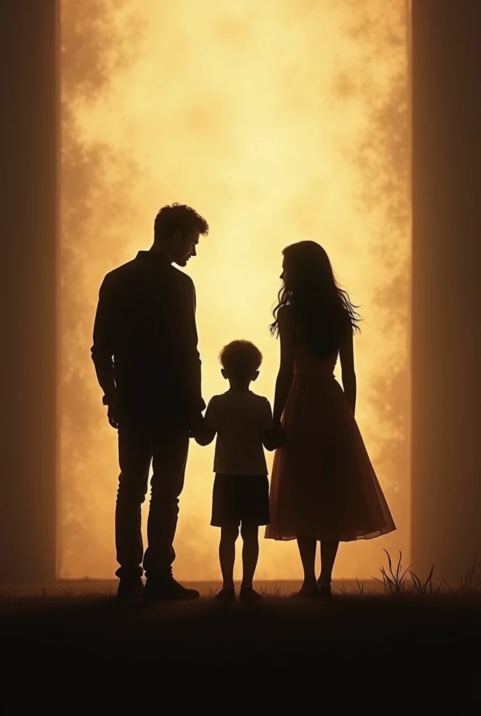 Shadows of a family of a mother a father and 2 children one with long hair and a tall one and a father with a light screen behind