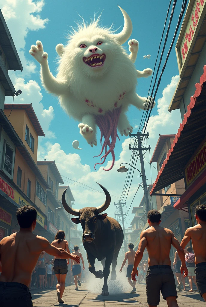 A Krasue ghost flies down and attacks people. A bull runs to fight. A Pop ghost jumps from a noodle shop. People run away.