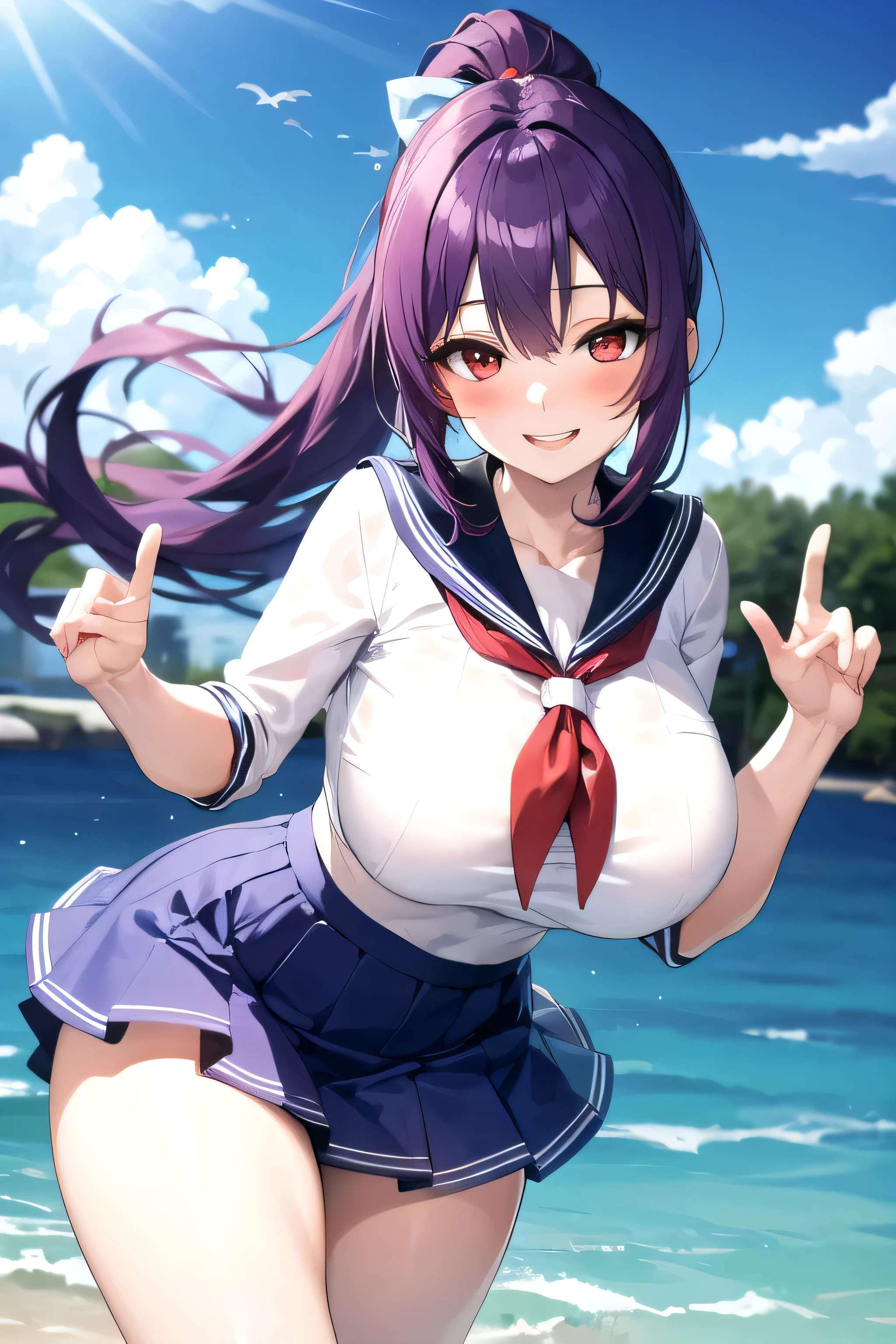purple hair, ponytail hair, red eyes, big breasts, very pale skin, smile, blush, sailor shirt and blue skirt,