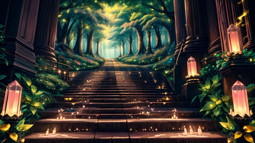 HDR, BEST IMAGE, 24K, GENERATE A MAGICAL SCENE, 2 LIVING BLACK PANTERS, ONE IN FRONT OF THE OTHER WITH THEIR FRONT PAWS UNITED, MYSTIC GIANT, IN THE FOREST. NEXT TO A WHITE PORCELAIN STAIRCASE, GOLD DETAILS, HIGH WITH MANY STEPS GOING TO THE SKY, DARK PINK GLOWING LIGHT