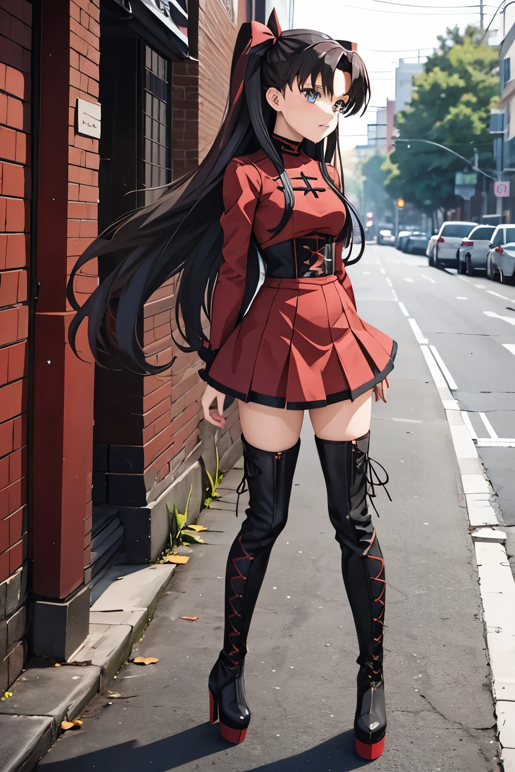 Rin Tohsaka, anime girl, girl, boots, thigh boots, black boots, platform boots, lace up boots, black footwear, high heels, walking