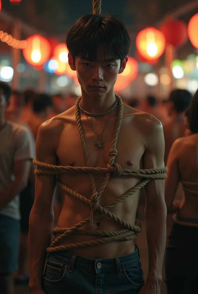 1boy、Handsome Men、Japanese male, 、Completely naked、Full nudity、erection、Huge penis、Highest quality、Realistic、beautiful、Sad look、 ((((Completely tied up with rope)))), ((((A very tight rope is crisscrossed over the chest)))),(((Body bound with tight rope)))、whole body、Surrounded by old people、night、Dim lighting、Summer festival