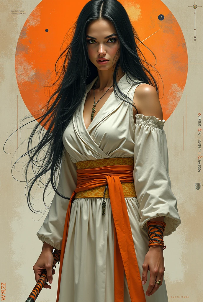 Alison Tyler as a monk warrior girl, parted lips, greeneyes, long black hair, shoelaces, white and orange cyberpunk techwear clothes, vintage science fiction abstract background, art of moebius, arte de Ashley Wood