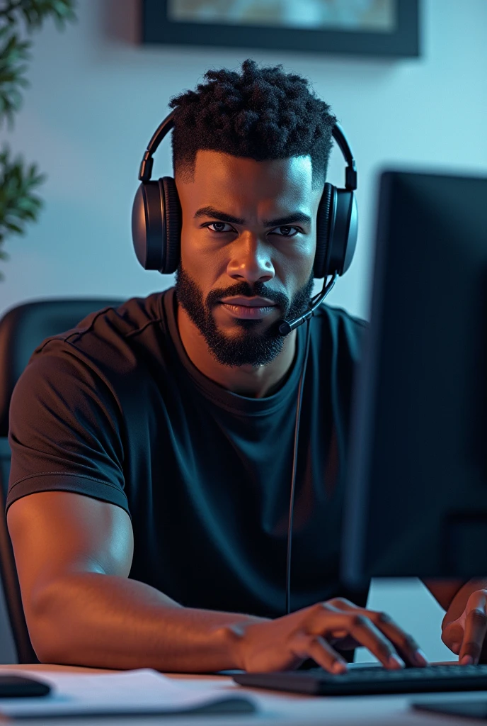 Create black character, masculine, 3D drawing with headset looking at camera and sitting at computer desk
