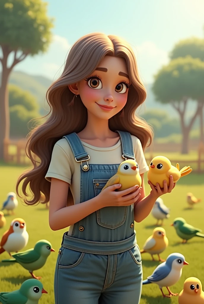 Create a beautiful girl, maiden, long light brown hair, slightly wavy, small almond-shaped brown eyes, elongated face, slightly full and pink lips, wears denim overalls and a t-shirt underneath, brown boots on her feet, takes care of 7 birds , 3 little birds in green, 2 little birds in yellow, 1 little bird is white with light yellow, and 1 little bird is blue with light green. (detailed birds) she is peaceful and smiling, the day is sunny, animation character, stylized character, animation style rendering, 3d stylized, Arnold Maya rendering, stylized 3d rendering, toon render screenshot, 3d character , 3d character, stylized 3d rendering, 3d character rendering, cartoon character, close-up character, character pose, (Pixar style) (master part: 1.2) (bokeh) (best quality) (detailed skin) (detailed texture) (8k) (Argilla) (cinematic lighting) (sharp focus