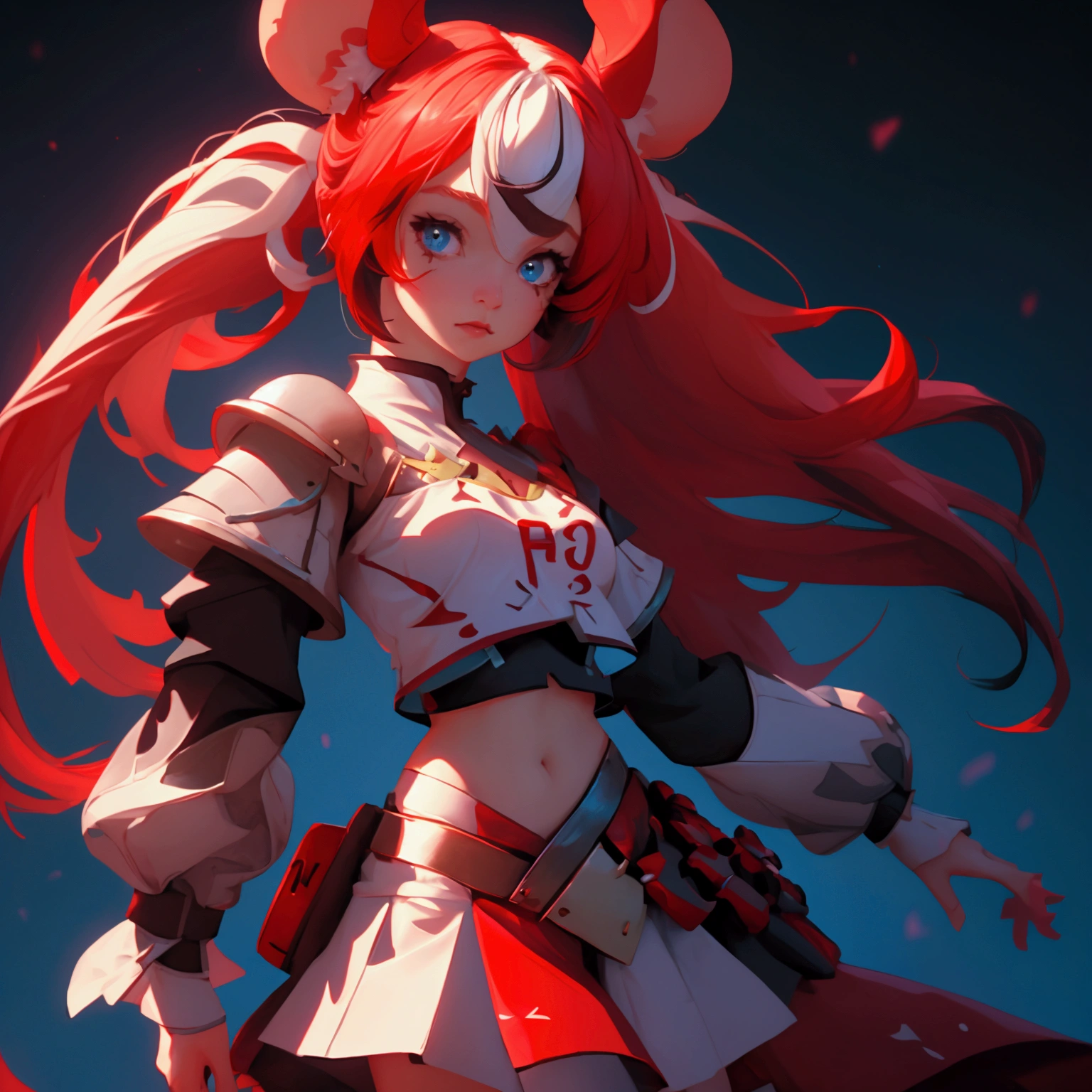 envision a 8k, highres, cinematic, close up beautiful portrait of an evil small Chaos girl named Hakos Baelz with long red and white hair in pigtails, mouse ears, blue eyes, in a cropped white shirt with armor, and red skirt against a dark gray background