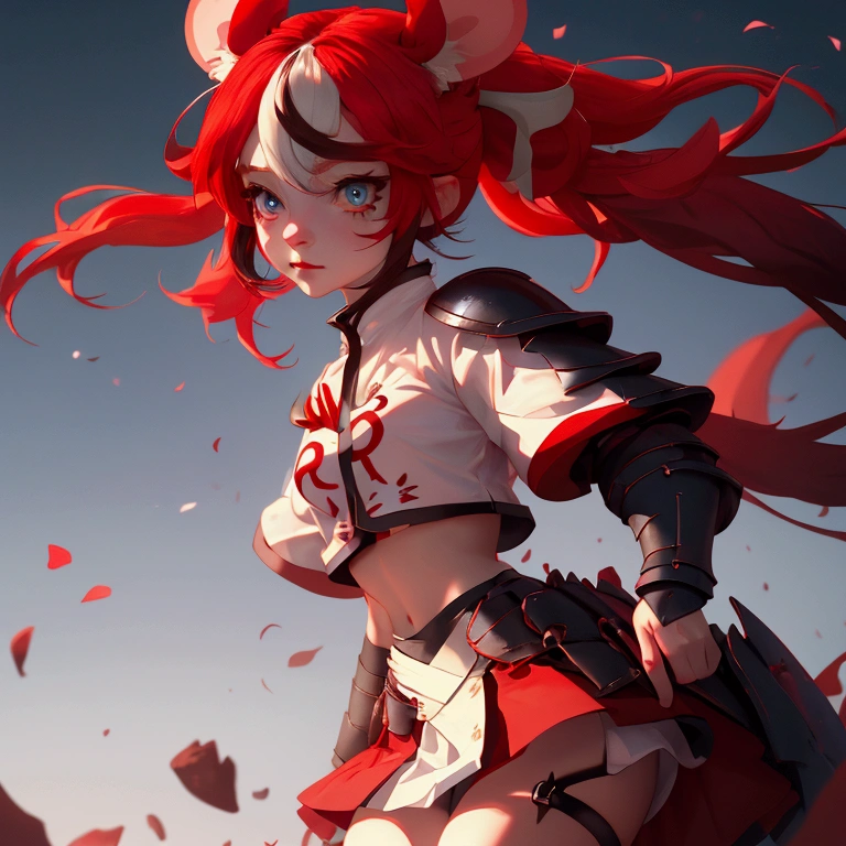 envision a 8k, highres, cinematic, close up beautiful portrait of an evil small Chaos girl named Hakos Baelz with long red and white hair in pigtails, mouse ears, blue eyes, in a cropped white shirt with armor, and red skirt against a dark gray background