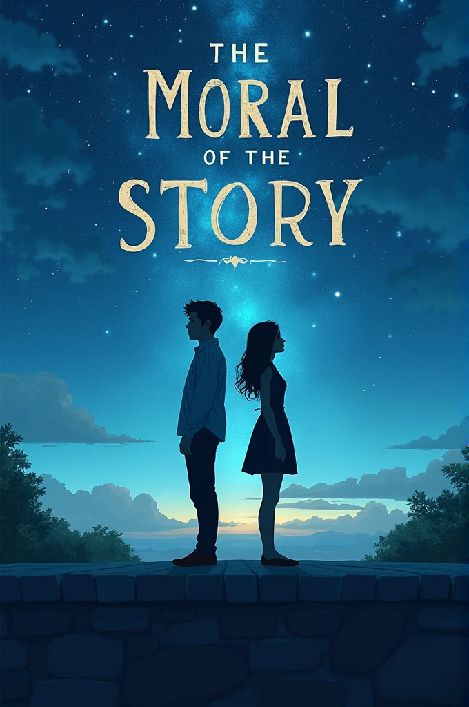 A book cover called Moral Of The Story, containing two people (one man and one woman) standing backwards, on top of a ledge looking at the stars in the blue sky