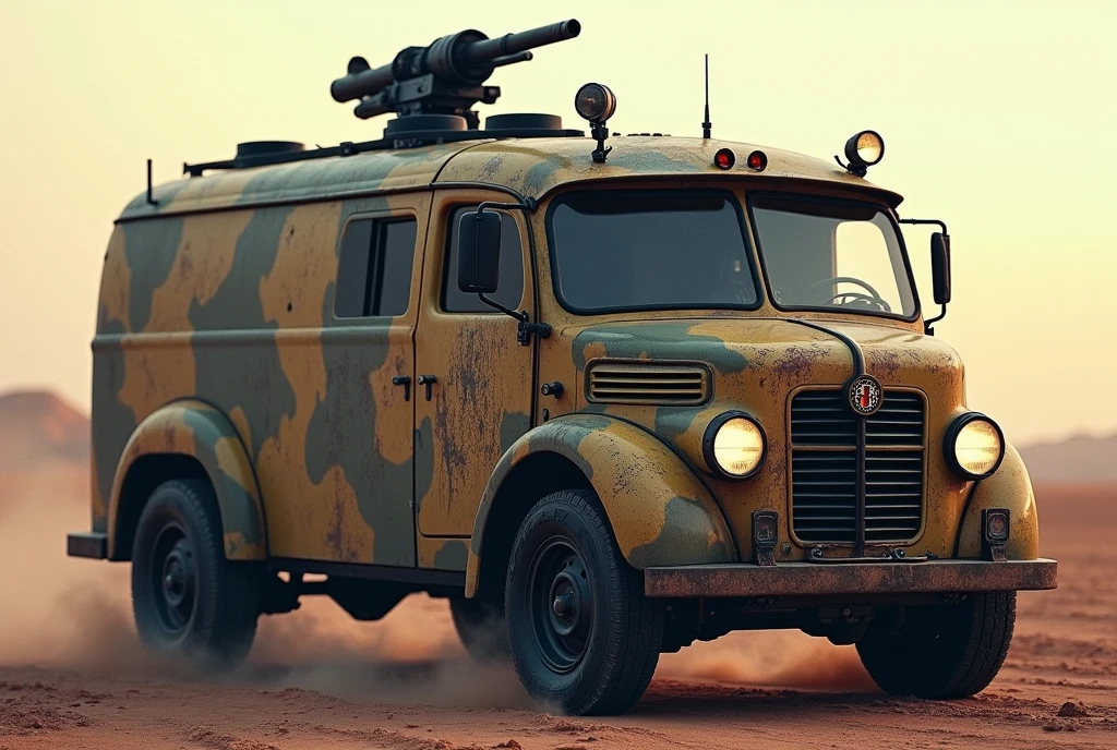 Cyberpunk Alfa Romeo 1950s Armored Van、Shallow depth of field、(masterpiece:1.3) (最high quality:1.2) (high quality:1.1)、Cinematic Light, ((Cinema Lighting),(Natural light),(High level of artistry),(artistic),(Genuineと見分けがつかない品質),RAW Photos,Genuine,Genuine,High resolution,RAW Photos,masterpiece, beautiful,Roof hatch and roof mounted machine gun.Heavily armed, Taliban, Armed guerrillas, Heavy Armor, Military Vehicles, Military weapons, Military equipment, truck, Camouflage,desert
