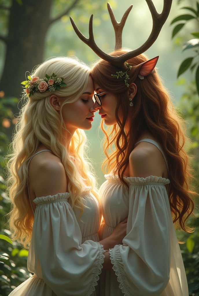 A very beautiful love witch with a doll face and blonde hair, young and sexy dressed in white and her best friend a brown-haired druid, tender with glasses and deer antlers as a headdress dressed in green