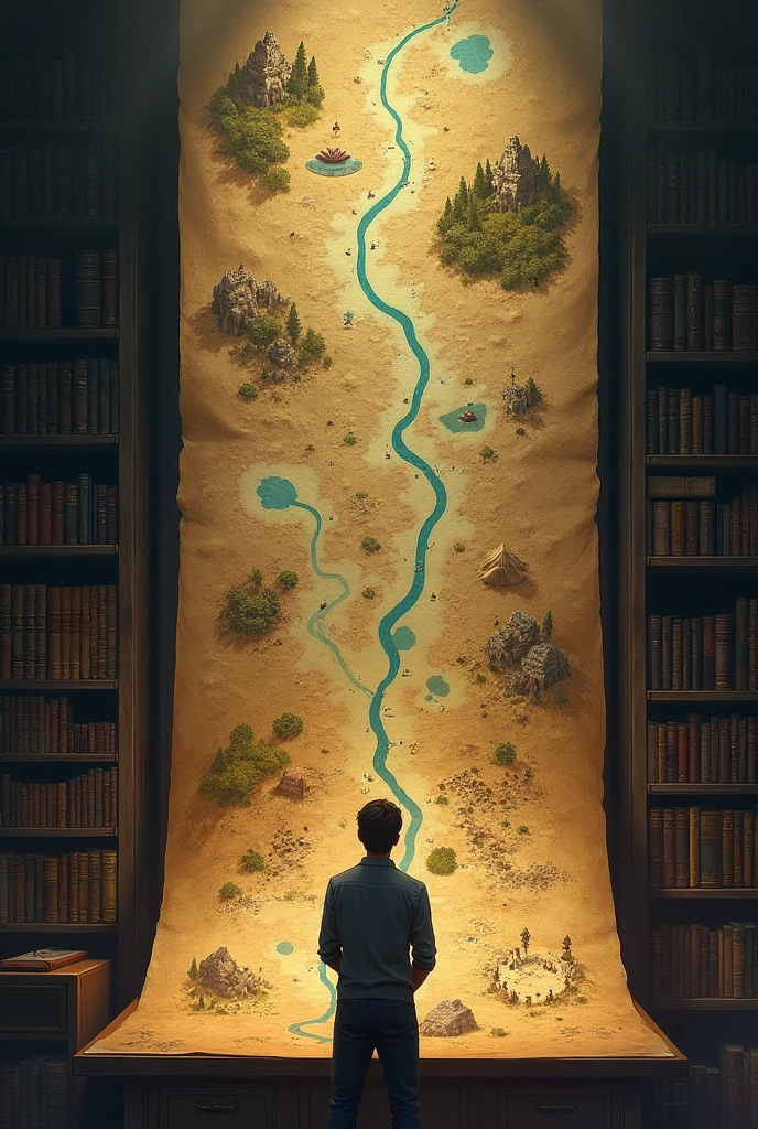 A person looking at a map with a path full of different options, that invites exploration and decision making.