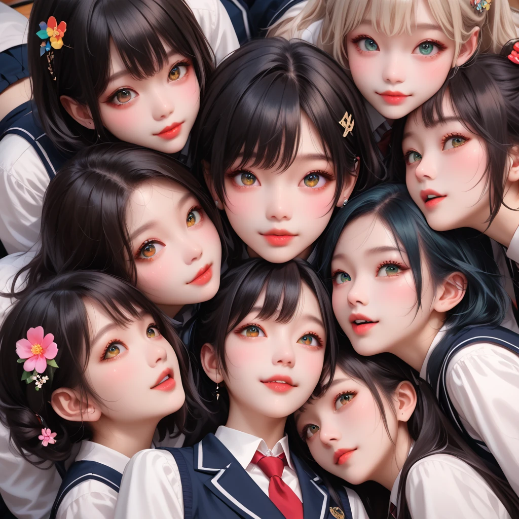 nsfw,score_9, score_8_up, score_7_up, high res image,masterpiece,best quality,girl,cute face,clear skin,shiny hair,ultra detailed eyes,flower hairpin,(6+girls:1.5),face close-up,cute,necklace,classroom,