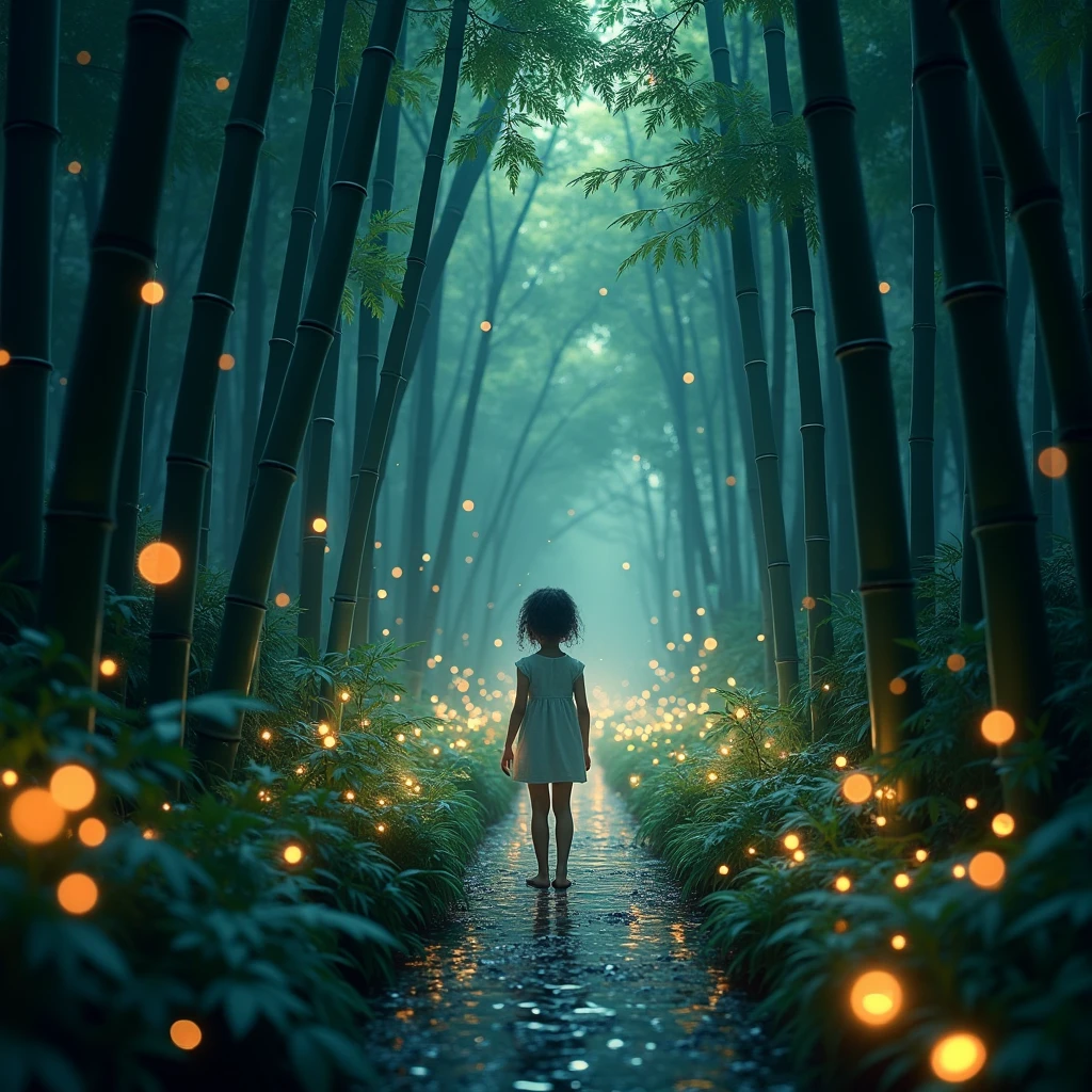 a dark bamboo forest at night, detailed intricate glowing fireflies, holographic sparkles scattered throughout, vibrant chromatic colors, fantastical rainbow reflections, metallic sheen, balance of pitch green darkness and shimmering particles, sharp and delicate, watercolor style CG, high contrast, perfectly tuned octane rendering, dramatic chiaroscuro lighting, NRART, ultimate aesthetics