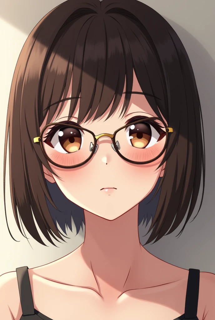 Anime style, a 3 white woman with dark brown hair, a plunging bob with a middle parting and straight, she wears dark brown glasses with gold middle and arms. Son visage est ovale et elle une tâche de naissance ovale sur le haut de la joue gauche. Sds yeux sont marrons. Elle sourit