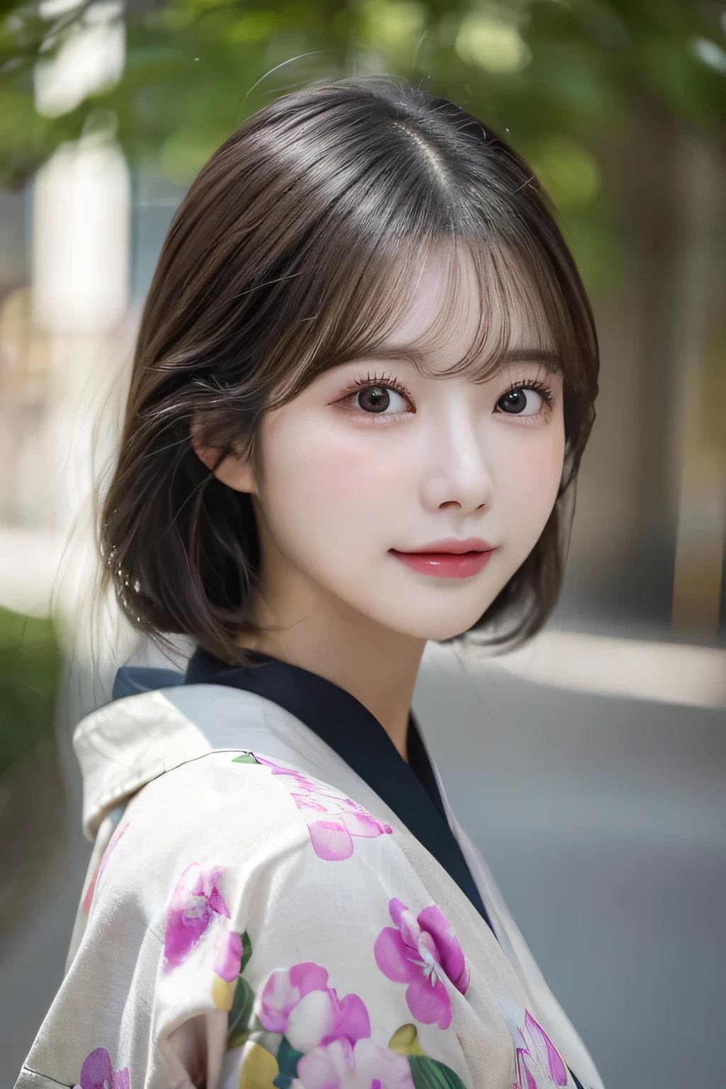 (kimono)、(top-quality,masterpiece:1.3,超A high resolution,),(ultra-detailliert,Caustics),(Photorealsitic:1.4,RAW shooting,)Ultra-realistic capture,A highly detailed,High resolution 16K human skin close-up。 Skin texture is natural、,The pores are、Must be detailed enough to be easy to identify。 Skin should look healthy with even tones。 Use natural light and color,1人,japanes,23years old,kawaii,A dark-haired,Middle hair,,smil,Turn your body to the front,(front-facing view:1.2),,(、tear bags、solid bangs、best qualtiy、超A high resolution、depth of fields、chromatic abberation、、Wide range of lighting、Natural Shading、)、 Large Breasts,