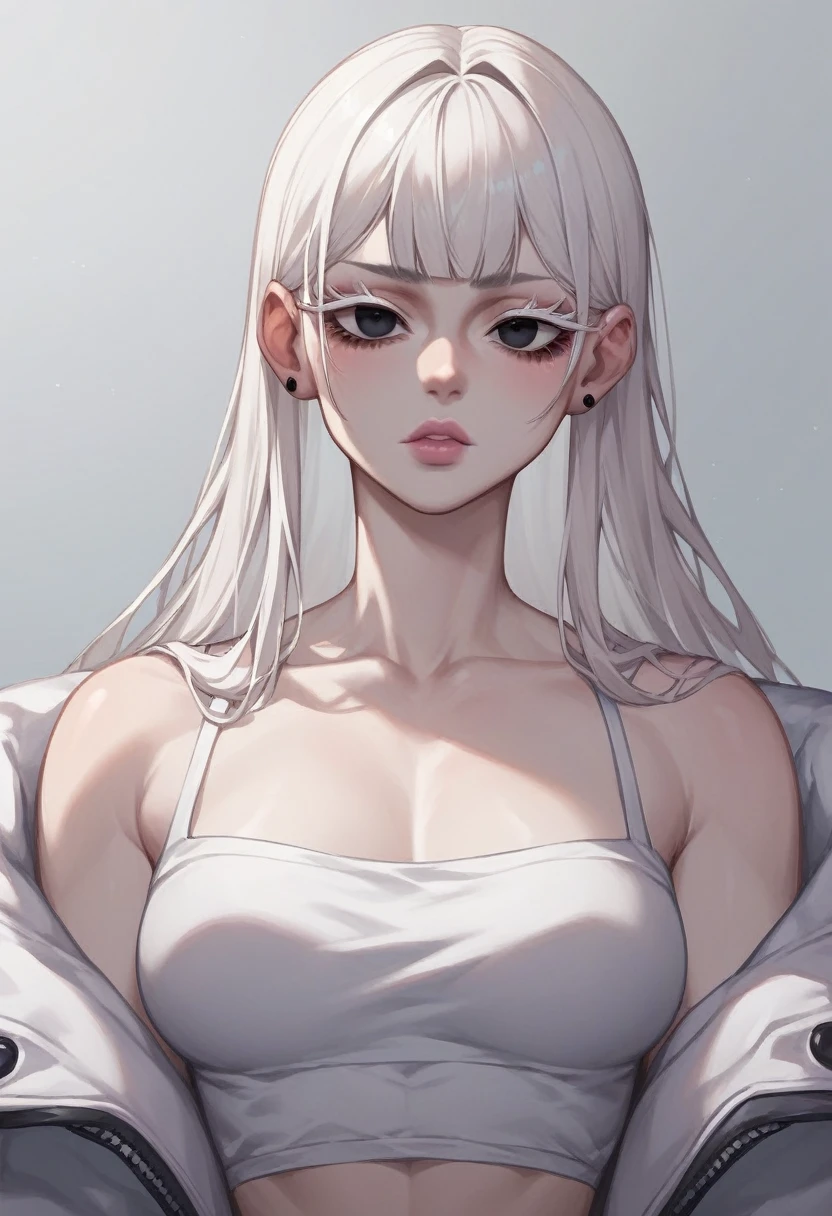 Woman with long white hair, black bangs, black eyes, delicate doll eyelashes, pale skin with flushed cheeks, pink lips, breasts big, soft expression, white rocker style clothes with white details, black nails.