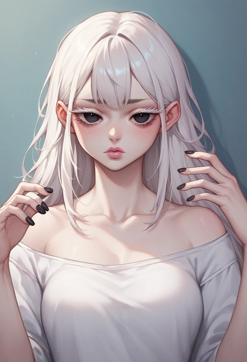 Woman with long white hair, black bangs, black eyes, delicate doll eyelashes, pale skin with flushed cheeks, pink lips, breasts big, soft expression, white rocker style clothes with white details, black nails.