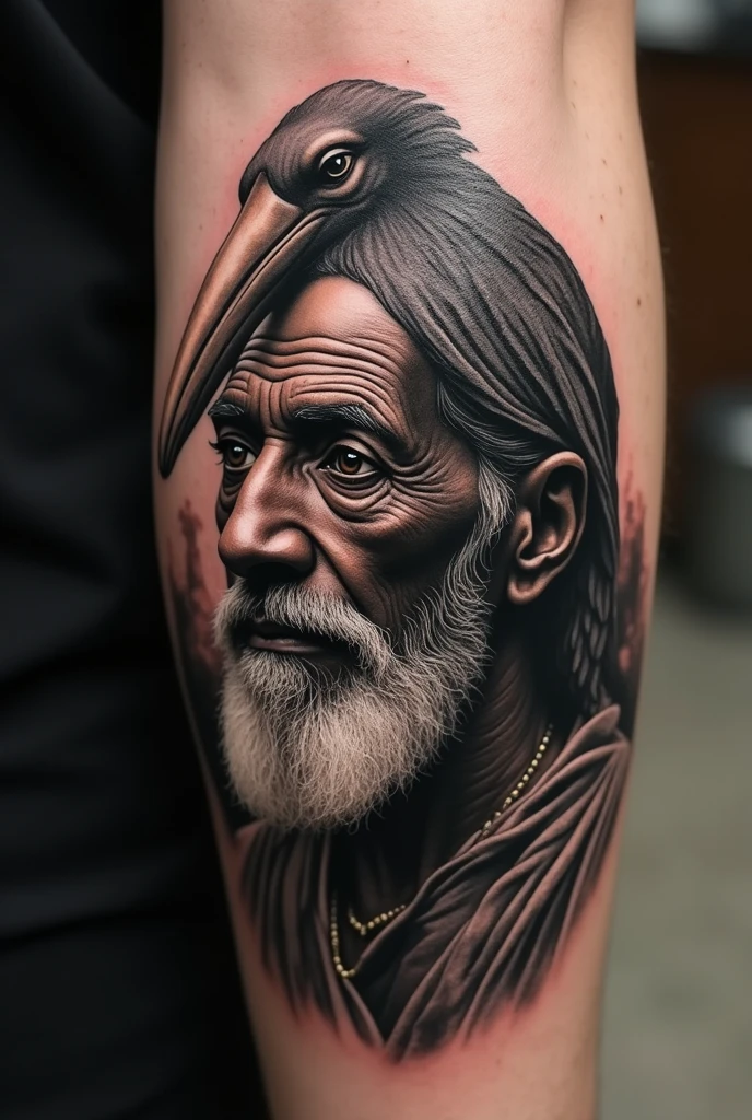 Tattoo of the Egyptian God Thoth with a male human face with older age features of the black people of ancient Egypt in the Black work tattoo style