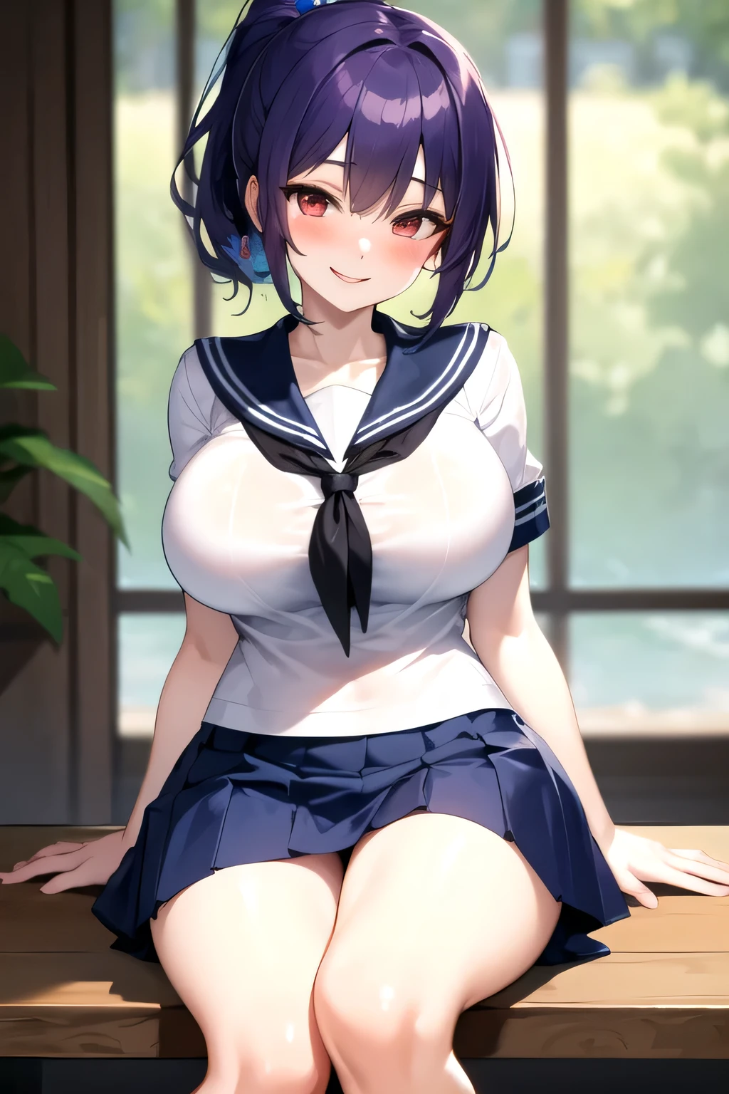 purple hair, ponytail hair, red eyes, big breasts, very pale skin, smile, blush, sailor shirt and blue skirt,