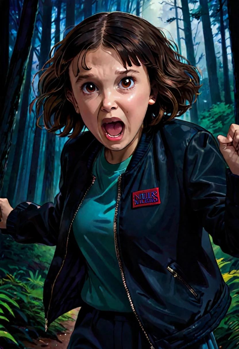 milli3 woman, millie bobby brown, screaming expression, dark forest setting, jacket, netflix, stranger things