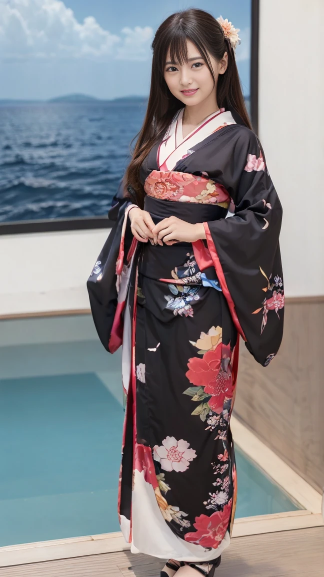 (SeaArt creates stunning illustrations of beautiful women in kimono)、Vividly colored Japanese Ukiyo-e style illustrations、A beautiful woman smiles and shows her upper white teeth、Brown-black long hair、Beautiful full body style、If you want to dance, let's dance, Tokyo Ondo, Yoi Yoi、Beautiful new digital paintings,、Bright vibrant digital anime art、 Beautiful anime portraits、background,Japanese shrine torii gate front、 Detailed digital anime art、