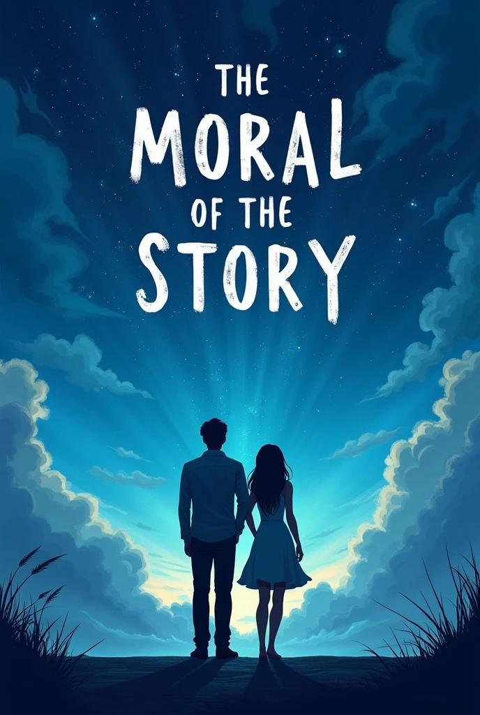 A book cover called Moral Of The Story, containing two people (one man and one woman) standing backwards, on top of a ledge looking at the stars in the blue sky