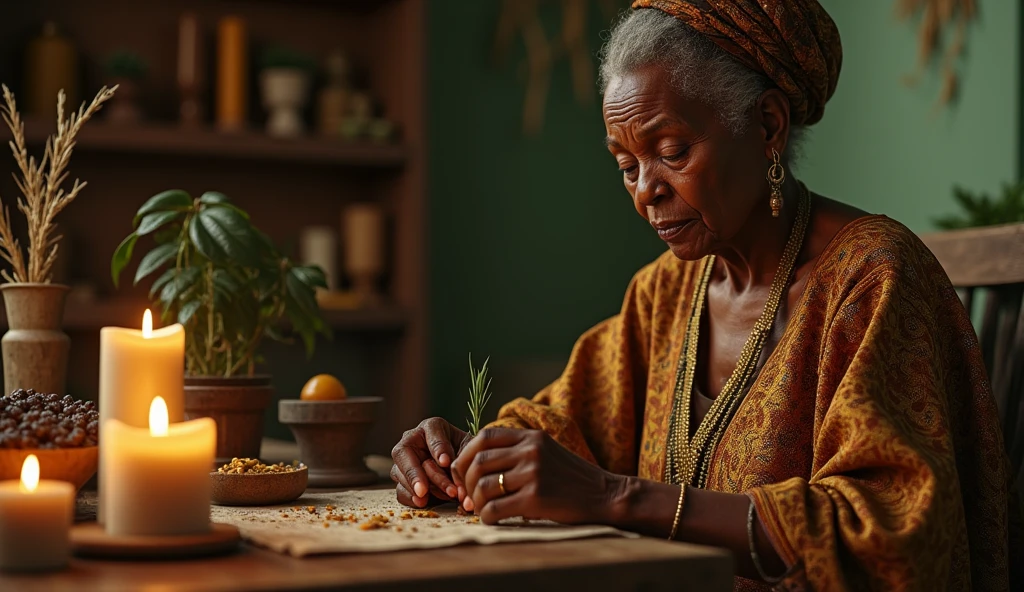 Create an ultra-realistic image of a traditional African healer woman, 60 years old dressed in exquisite clothes, handkerchief on the lap. She is performing a blessing ritual. The healer holds a bundle of herbs, like rue and basil, In your hands. His expression is serene and focused as he performs the ritual.. in the background candles, aromatic herbs, various yorubas