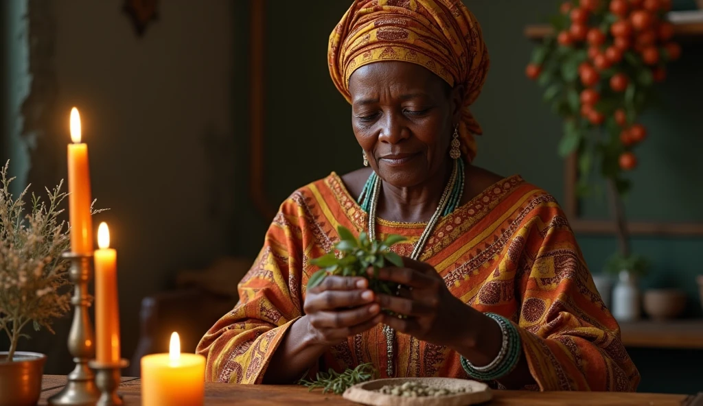 Create an ultra-realistic image of a traditional African healer woman, 60 years old dressed in exquisite clothes, handkerchief on the lap. She is performing a blessing ritual. The healer holds a bundle of herbs, like rue and basil, In your hands. His expression is serene and focused as he performs the ritual.. in the background candles, aromatic herbs, various yorubas
