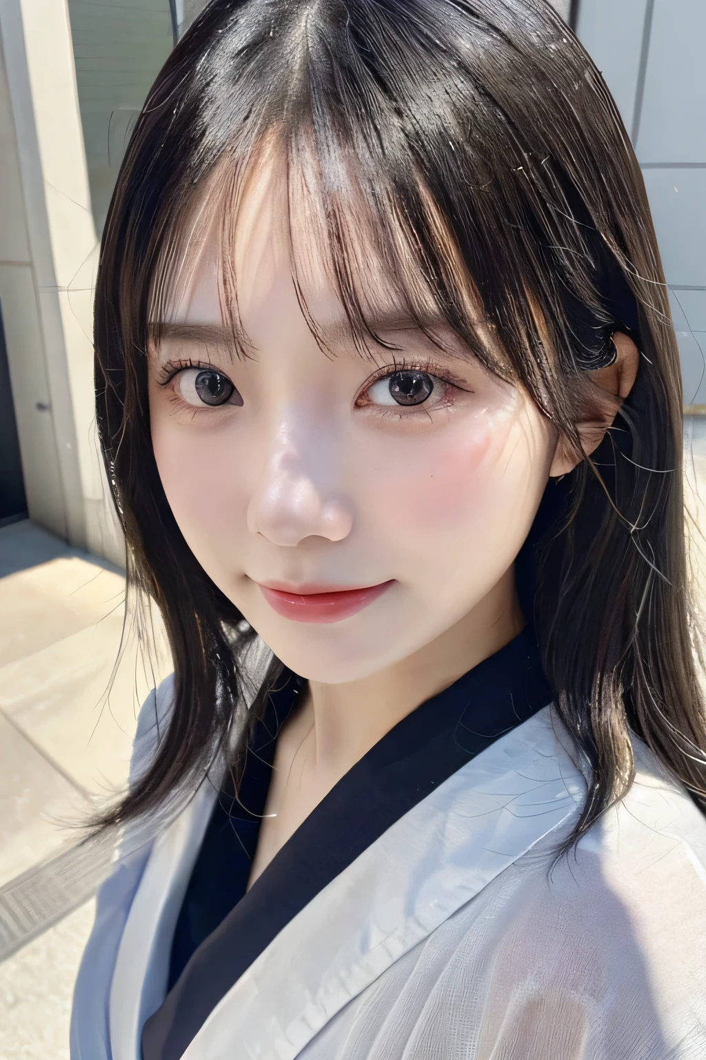（kimono）、(top-quality,​masterpiece:1.3,超A high resolution,),(ultra-detailliert,Caustics),(Photorealsitic:1.4,RAW shooting,)Ultra-realistic capture,A highly detailed,High resolution 16K human skin close-up。 Skin texture is natural、,The pores are、Must be detailed enough to be easy to identify。 Skin should look healthy with even tones。 Use natural light and color,1人,japanes,23years old,kawaii,A dark-haired,Middle hair,,smil,Turn your body to the front,(front-facing view:1.2),,(、tear bags、solid bangs、best qualtiy、超A high resolution、depth of fields、chromatic abberation、、Wide range of lighting、Natural Shading、)、 Large Breasts,