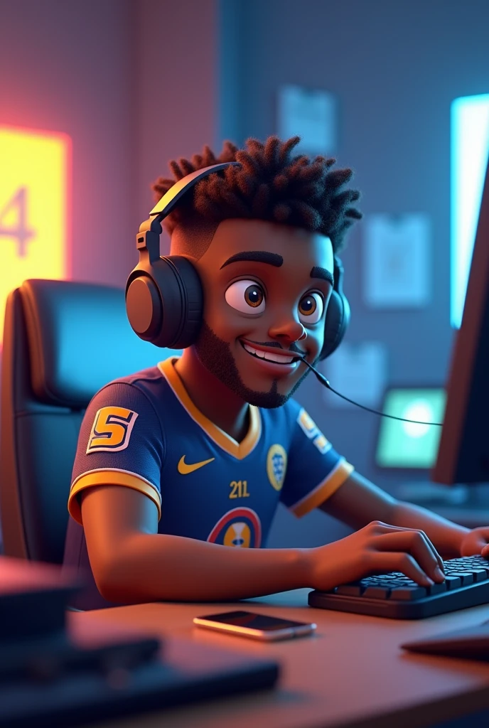 Create black character, masculine, 3D cartoon man with headphones and team jersey looking at camera and sitting at computer desk